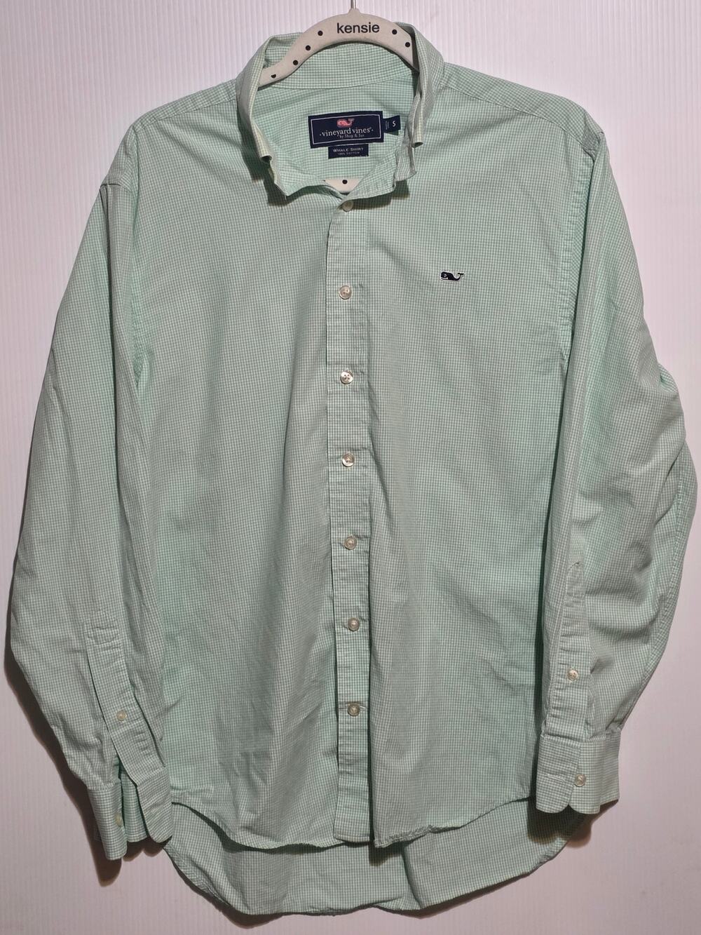 Vineyard Vines Whale Shirt  S Green White Gingham Plaid Long Sleeve Button Down